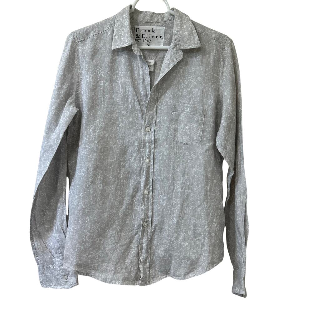 Frank & Eileen Womens Medium Barry Gray & White Floral Linen Button Down Shirt